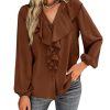 Women's V Neck Ruffle Front Button Down Long Sleeve Blouse Top Shirt