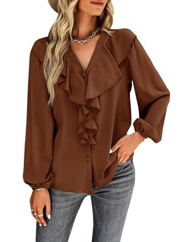 Women's V Neck Ruffle Front Button Down Long Sleeve Blouse Top Shirt