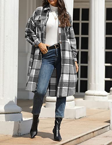 Women’s Long Plaid Shacket Wool Blend Button Down Shirt Jacket Coat with Pockets