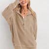 Womens Fashion 2025 Oversized Long Sleeve Hoodie Button Down V Neck Sweatshirt Side Slit Casual Pullover Tops