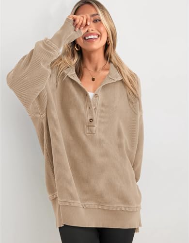 Womens Fashion 2025 Oversized Long Sleeve Hoodie Button Down V Neck Sweatshirt Side Slit Casual Pullover Tops