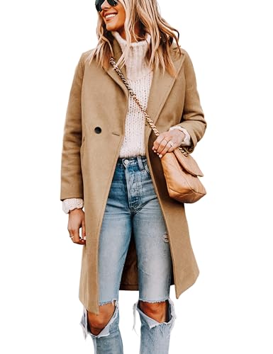 Women's Notch Lapel Double Breasted Wool Blend Mid Long Pea Trench Coat