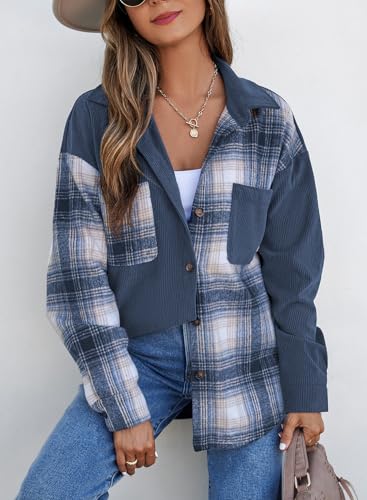 Women's Color Block Corduroy Shirts Long Sleeve Button Down Boyfriend Blouses Tops
