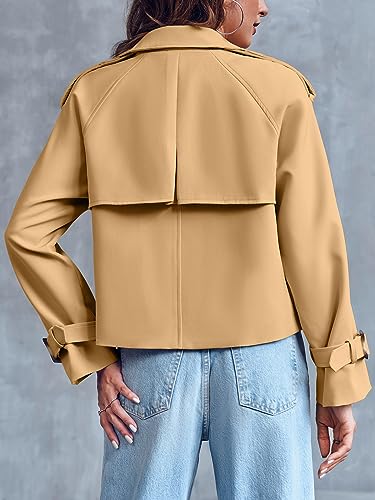 Women Crop Double Breasted Trench Coat Raglan Sleeve Work Office Cropped Jacket With Pockets