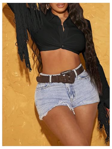 Women's Fringe Trim Long Sleeve Blouse Button Down Twist Crop Tops Western Cowgirl Outfit Clubwear