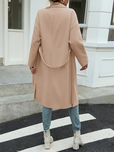 Womens Long Pea Coats Open Front Lapel Jackets Casual Belted Trench Coat Overcoats with Pockets
