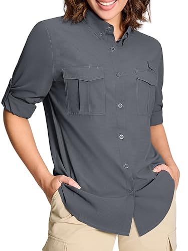 Women's UPF 50+ Long Sleeve Fishing Shirts UV Sun Protection Quick Dry Button Down Safari Hiking Travel Shirts