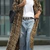 Women's Leopard Print Faux Suede Coat Open Front Notch Lapel Midi Long Winter Trench Coat