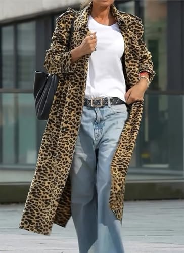 Women's Leopard Print Faux Suede Coat Open Front Notch Lapel Midi Long Winter Trench Coat