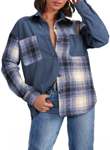 Women's Color Block Corduroy Shirts Long Sleeve Button Down Boyfriend Blouses Tops
