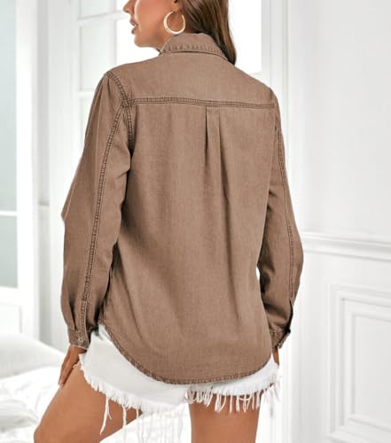 Jean Shirts for Women Denim Button Down Long Sleeve Western Blouse Chambray Casual Collared Denim Tops Camel S