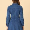 Women's Denim Dress Button Down Collar V Neck Long Sleeve A-line Cotton Jean Dress