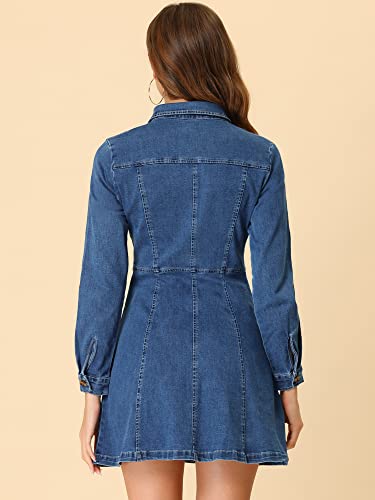 Women's Denim Dress Button Down Collar V Neck Long Sleeve A-line Cotton Jean Dress