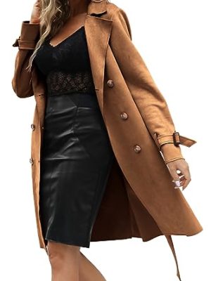 Womens Faux Suede Leather Jacket Spring and Winter Fashion Long Trench Coat, Lightweight Windbreaker