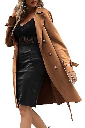 Womens Faux Suede Leather Jacket Spring and Winter Fashion Long Trench Coat, Lightweight Windbreaker