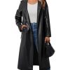 Women's Black Faux Leather Long Coat PU Leather Notched Lapel Trench Coat Open Front Maxi Jacket Overcoat