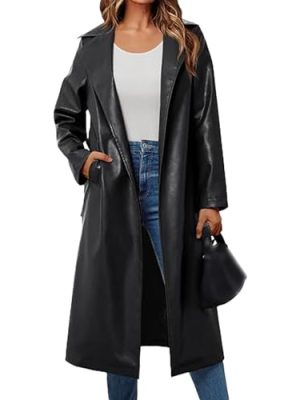 Women's Black Faux Leather Long Coat PU Leather Notched Lapel Trench Coat Open Front Maxi Jacket Overcoat