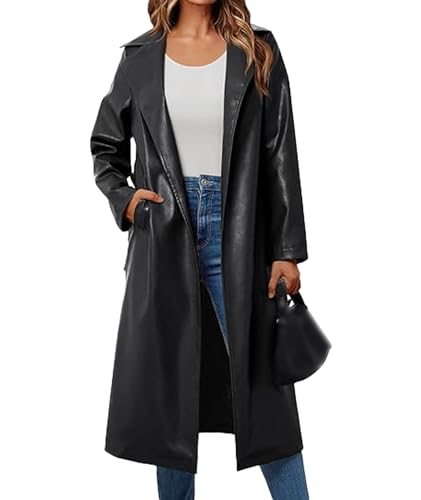 Women's Black Faux Leather Long Coat PU Leather Notched Lapel Trench Coat Open Front Maxi Jacket Overcoat