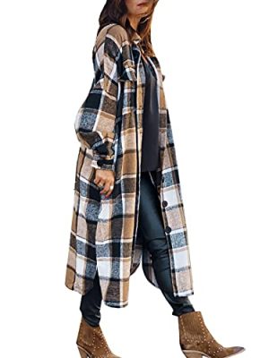 Women Fall Flannel Plaid Shacket Jacket Oversized Button Down Long Shirt Jacket
