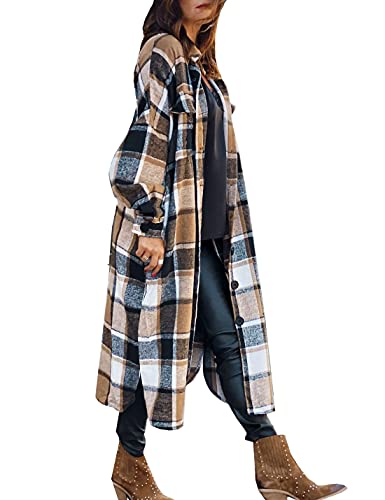 Women Fall Flannel Plaid Shacket Jacket Oversized Button Down Long Shirt Jacket