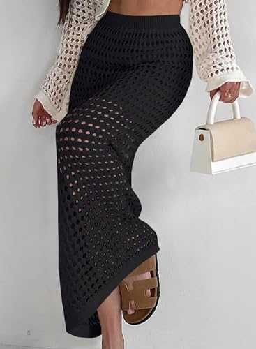 Womens Sexy Eyelet Crochet Knit Ankle Length Long Pencil Straight Skirts