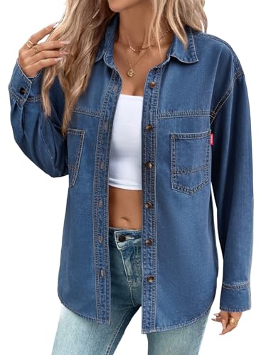Women Denim Shirts Oversized Long Sleeve Button Down Blouse V Neck Casual Top Shackets