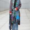 Women’s Flower Patchwork Coat Cotton Linen Trench Coat Women Jacket Vintage Boho Long Overcoat with Pockets