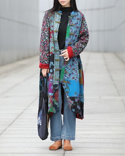 Women’s Flower Patchwork Coat Cotton Linen Trench Coat Women Jacket Vintage Boho Long Overcoat with Pockets