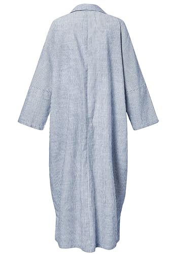 Women's Casual Long Sleeve Button Down Loose Striped Cotton Maxi Shirt Dress