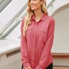 Women's Button Down Denim Shirt Collared Casual Long Sleeve Pocket Tops