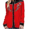 Women's Embroidered Western Long Sleeve Buttons Down Shirts Collared Retro Casual Blouses Shirts