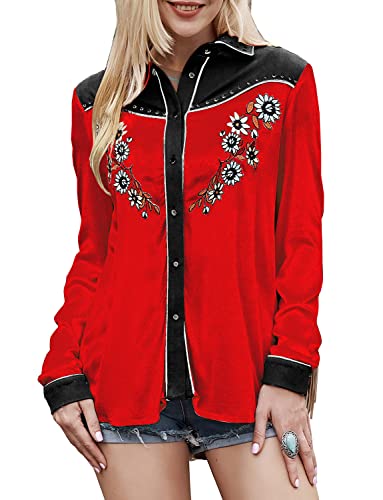 Women's Embroidered Western Long Sleeve Buttons Down Shirts Collared Retro Casual Blouses Shirts