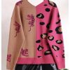 Women's Leopard Tiger Print Cardigan V Neck Long Sleeve Color Block Button Down Sweater Outwear