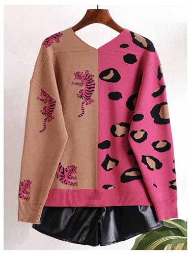 Women's Leopard Tiger Print Cardigan V Neck Long Sleeve Color Block Button Down Sweater Outwear