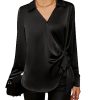 Women's Satin Silk Blouses Wrap V Neck Shirts Long Sleeve Elegant Tie Waist Office Formal Work Tunic PulloverTops