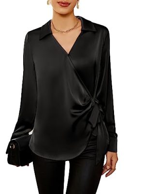 Women's Satin Silk Blouses Wrap V Neck Shirts Long Sleeve Elegant Tie Waist Office Formal Work Tunic PulloverTops