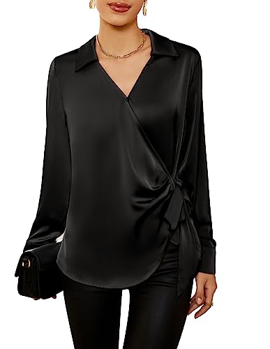 Women's Satin Silk Blouses Wrap V Neck Shirts Long Sleeve Elegant Tie Waist Office Formal Work Tunic PulloverTops