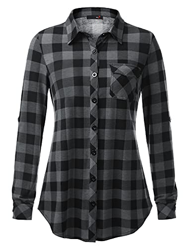 Womens Soft Knitted Shirts Stretchy Roll Up Long Sleeve Dressy Casual Button Down Shirt Work Blouse Tops