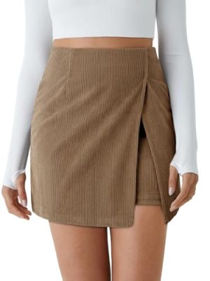 Womens Corduroy Mini Skirt Casual High Waisted Side Slit A-line Bodycon Work Pencil Skirts with Shorts
