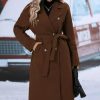 Womens Long Wool Pea Coat Notched Lapel Double Breasted Trench Coat Winter Warm Overcoat with Belt