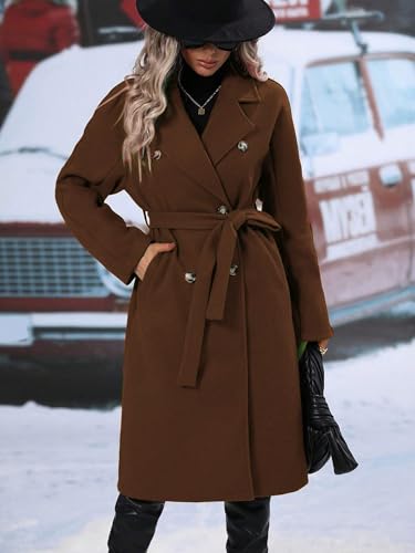 Womens Long Wool Pea Coat Notched Lapel Double Breasted Trench Coat Winter Warm Overcoat with Belt