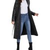 Women's Black Faux Leather Long Coat PU Leather Notched Lapel Trench Coat Open Front Maxi Jacket Overcoat
