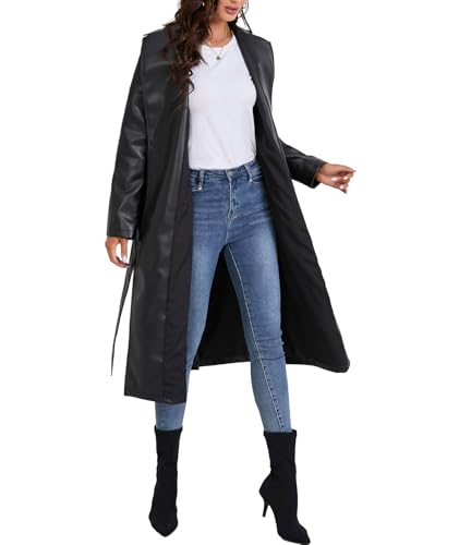 Women's Black Faux Leather Long Coat PU Leather Notched Lapel Trench Coat Open Front Maxi Jacket Overcoat