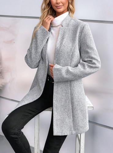 Womens Long Sleeve Casual Wool Jacket Blazer 1 Button Winter Coat Mid-Long Stand Collar Open Front Overcoat