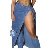 Women's High Split Long Denim Skirt Sexy Tie Knot High Waisted Stretchy Trendy Irregular Jean Skirts Streetwear