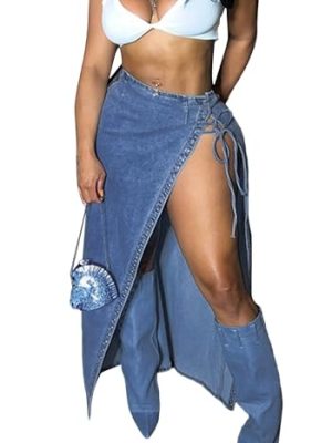 Women's High Split Long Denim Skirt Sexy Tie Knot High Waisted Stretchy Trendy Irregular Jean Skirts Streetwear