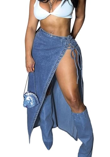 Women's High Split Long Denim Skirt Sexy Tie Knot High Waisted Stretchy Trendy Irregular Jean Skirts Streetwear