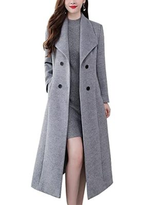 Womens Shawl Collar Long Wool Coats Fall Winter Double Breasted Trench Coat
