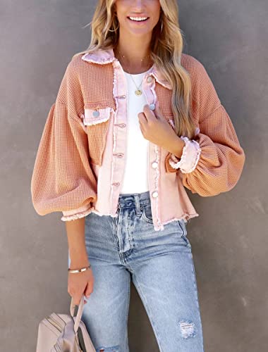 Women's Cropped Waffle Knit Jacket Boyfriend Button Down Shirt Shacket Tops