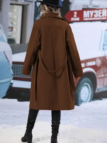 Womens Long Wool Pea Coat Notched Lapel Double Breasted Trench Coat Winter Warm Overcoat with Belt